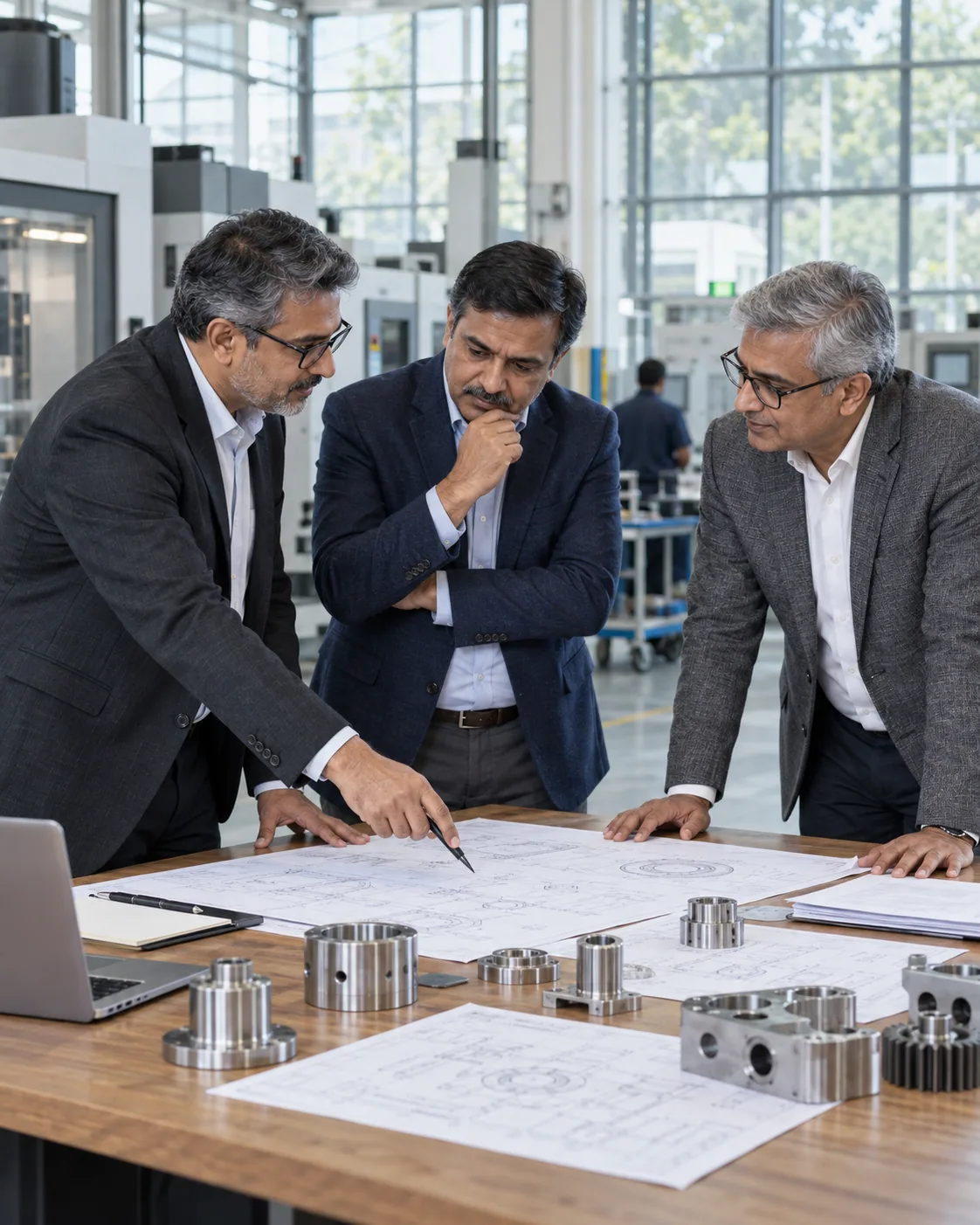 Business leaders discussing strategy over blueprints